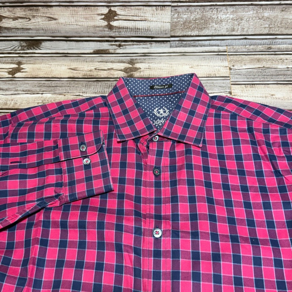Bugatchi Uomo Button Down Shirt Mens L Pink Blue Check Classic Fit Long Sleeve
